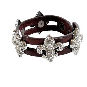 Brown Leather Bracelet w Rhinestone Fleur De Lis Rocker Chic Double Row Station